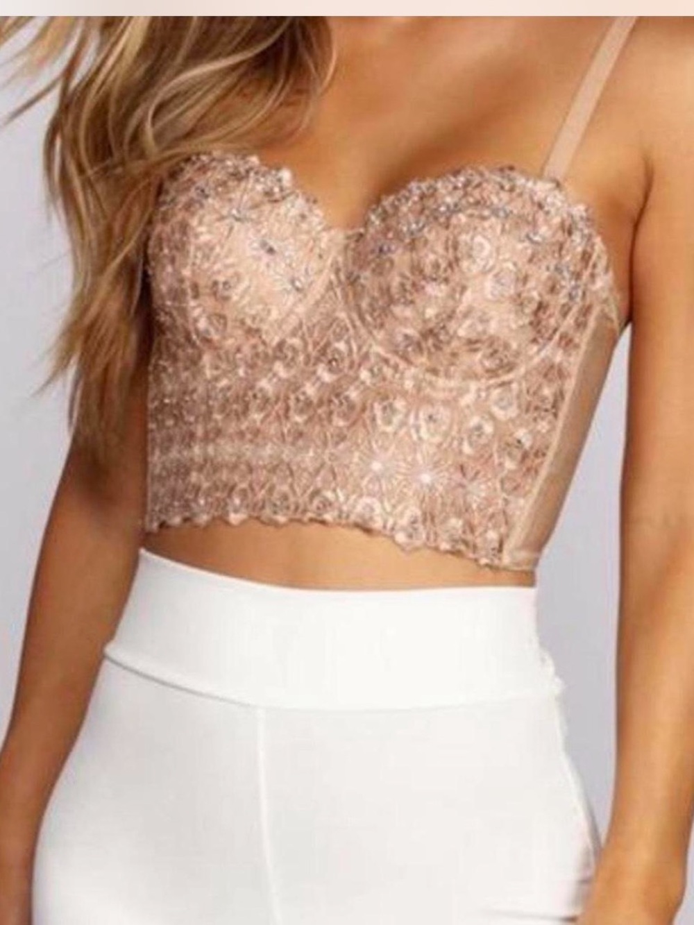 Windsor Blush Pink Lace Rhinestone Embellished Bustier Corset Crop Top - Size S